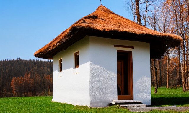 Домик с деревянной конструкцией с белой отделкой и крышей из сена, погода ясная, дневное летнее время года, на фоне соснового леса