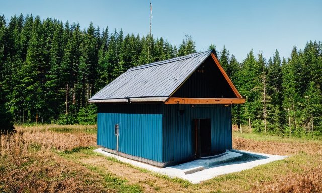 Домик с деревянной конструкцией и отделкой синим металлопрофилем, погода ясная, дневное летнее время года, на фоне соснового леса