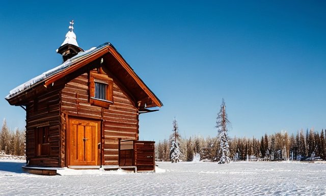 Домик двух-этажный с деревянной конструкцией, погода ясная, дневное зимнее время года, на фоне соснового леса