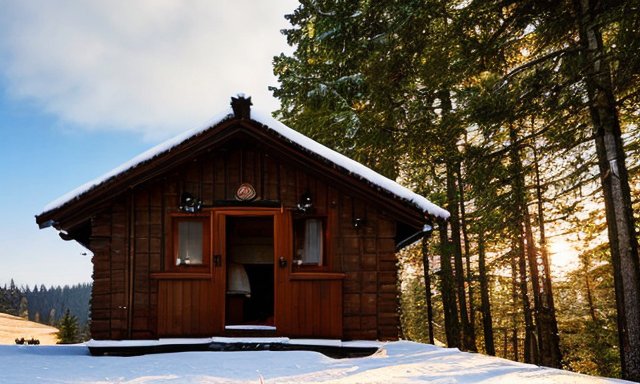 Домик с деревянной конструкцией, погода ясная, дневное зимнее время года, на фоне соснового леса