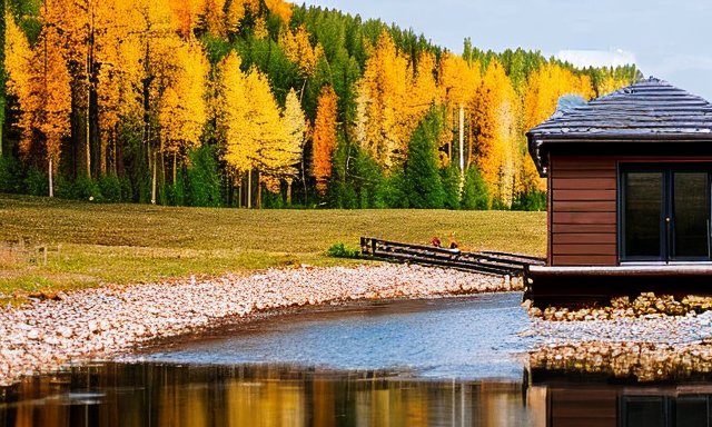 Домик с деревянной конструкцией стоящий на русле реки, погода ясная, дневное весеннее время года, на фоне соснового леса из желтых и зеленых деревьев