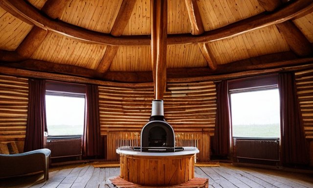 Круглая Русская баня с дровяной печью, просторная комната бани с отделкой из дерева