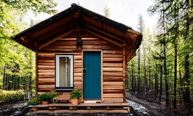Домик с деревянной конструкцией с пластиковыми окном, погода ясная, дневное летнее время года, на фоне соснового леса