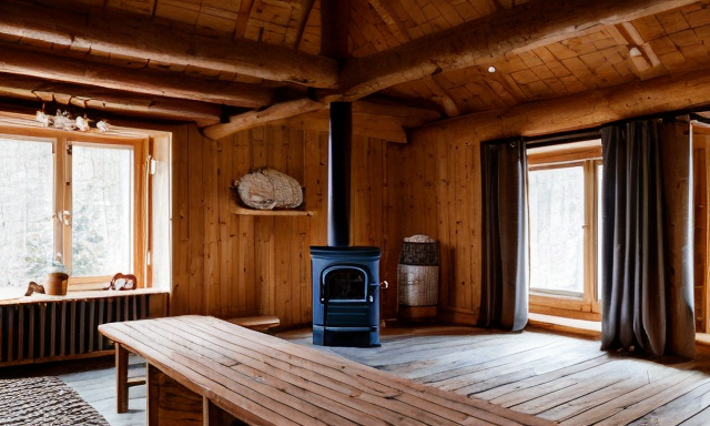 Русская баня с дровяной печью, просторная комната бани с отделкой из дерева